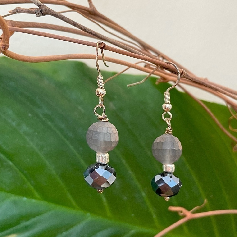 Sterling Silver Earrings Matte Grey Genuine Crystal Modern Chic French Chic - Picture 5 of 13